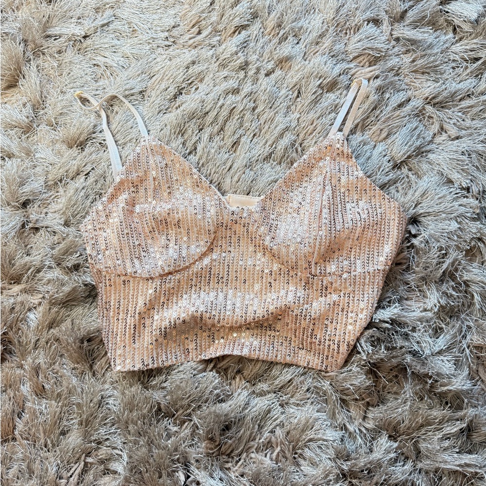 Elegant Sequin Beige Crop Top